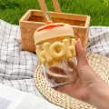 Annil Cute Pastel Color Water Cup with Straw Thick Glass Bottle for Hot and Cold Drinks 350ml. 