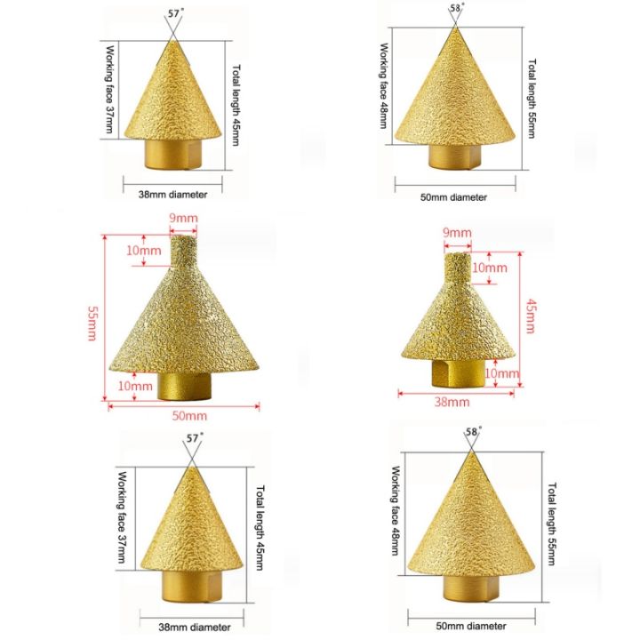 Brazed Cone Chamfer Bit Set – 38mm & 50mm, M10 Shank, For Stone Beveling & Hole Enlarging (Marble, Quartz, Granite, Ceramic)