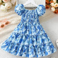 Yfashion Summer Short Sleeves Dress For Girls Cotton Elegant Printing Fashion Ruffled A-line Skirt Casual Breathable Dress. 