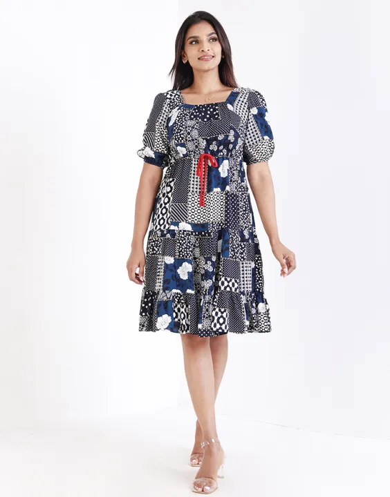 Spring & Summer Printed Square Neck Midi Waist Dress