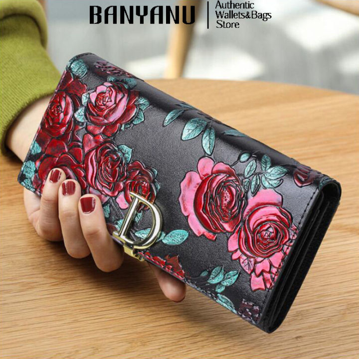 BANYANU Rose Printed Cow Genuine Leather Wallet Dompet Wanita Women Long Wallet Card Holder Lady Phone Purse Wallets for Women