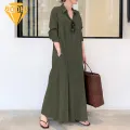 Women Lapel Dress Loose Long Sleeve Maxi Dress with Pockets Spring Fashion for Women Loose Cut Button Closure Dress. 
