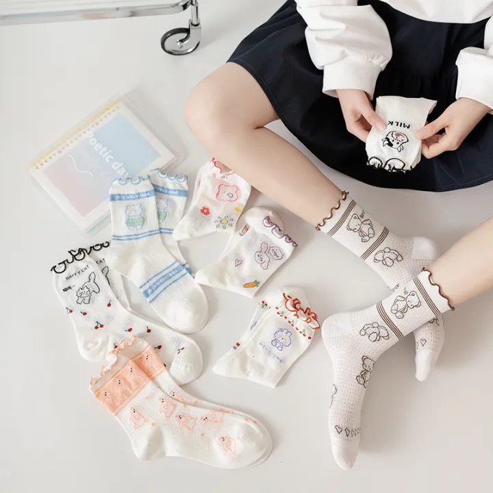 Japanese Fashion Frilly Socks Kawaii Cute Animal Cartoon Cow Ruffle Socks Girls Summer Curly Crew Socks