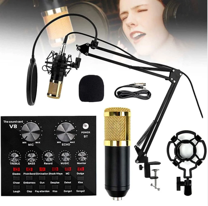 V8 Live Sound Card Kit with Microphone, Sound Card Audio Set Adjustable Mic Suspension Scissor Arm, USB DSP Chip Dual-Channel, for Live Streaming, Games