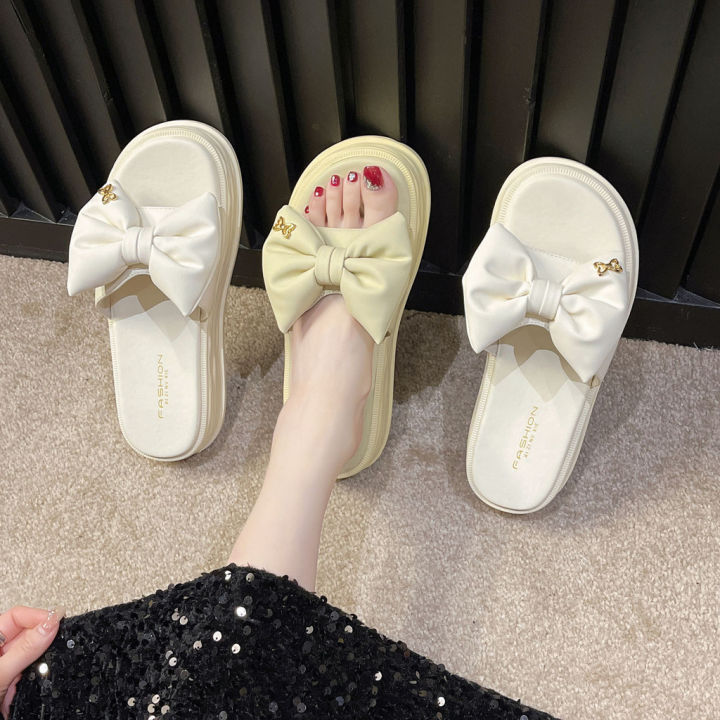 Women's Seaside Fashion Sandals Summer Slippers Internet Celebrity Bow New Fairy Style 2024 Thick Bottom for Outdoors Going out