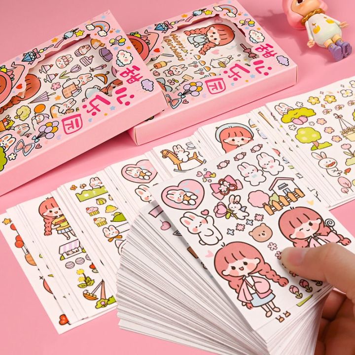 50 Sheets Japanese Paper Sticky Notebook Sticker Set Cartoon Anime Cute Girl Heart Student Label Diary diy Decoration Material Small Pattern Bedroom Dormitory Desk Wall