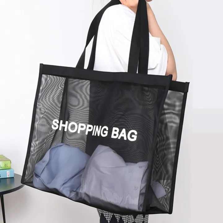 【ALLGOOD】Black Transparent Nylon Mesh Shopping Bag Large Capacity Shoulder Handbag For Shopping Bags Breathable Beach Travel Storarge Bag