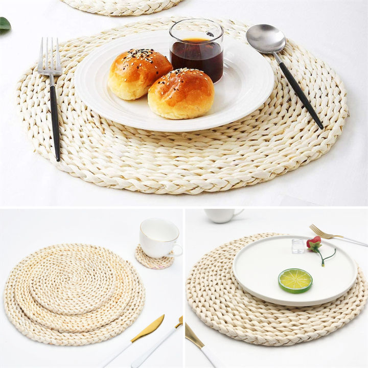 Natural Corn Straw Woven Handmade Husk Rattan Placemats Cup Coaster Grass Mats Heat Resistant Kitchen Dining Table Accessories