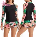 Muses Mall Long-sleeved Swimsuit Floral Print Women's Swimsuit Set with Round Neck Zipper Closure Quick Dry Conservative Beachwear for Surfing 2 Pcs/set Women Split Swimsuit. 