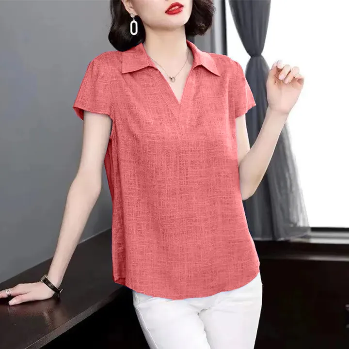 bellylady%20Women%20Cotton%20Plus%20Size%20Blouse%20Summer%20Short%20Sleeves%20V%20Neck%20T-shirt%20Casual%20Cotton%20Linen%20Loose%20Tops%20-%20Image%208