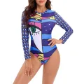 Women's One-Piece Swimsuit, 3D Print Long Sleeve Round Neck Hollow Out Back Bathing Bodysuit. 
