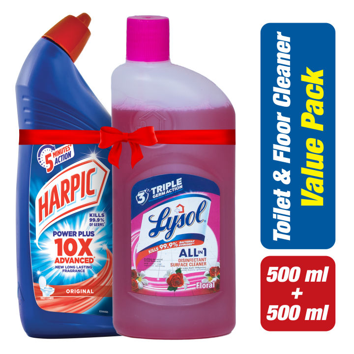 Harpic Lysol Bundle Pack - 500ml Toilet Cleaner Stain Remover & 500ml Floral Fragrance Germ Protection Surface Floor Cleaner Savings Offer Combo