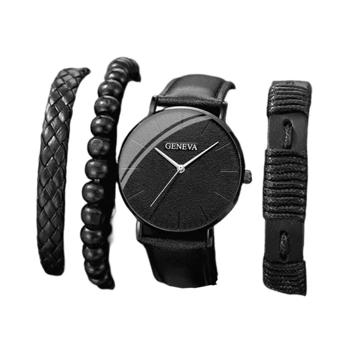 Enacolor 4Pcs/Set New Male Leather Bracelet Bangles Bracelet Watches Set Fashion Casual Accessories Men Birthday Gift