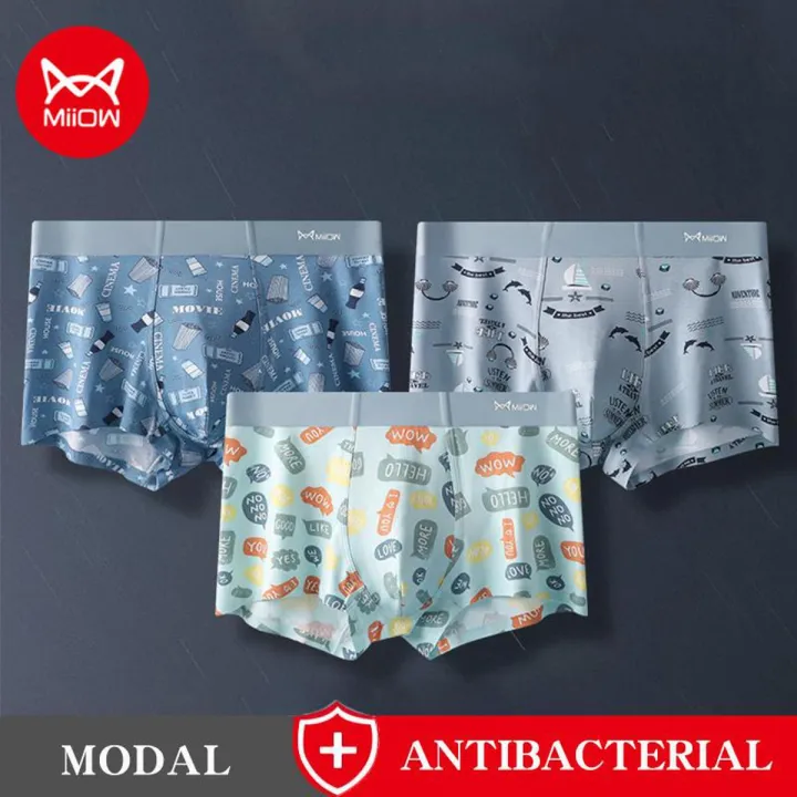 MIIOW 3Pcs Fashion Print Men  Refreshing Antibacterial Boxing  Recycled Fiber U Pouch Boxingshorts Man Panties