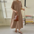 【WEJA】Korean Style Women's Dresses Casual Short Sleeve V-Neck Loose Pleated A-Line Midi Sundress #8. 