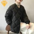 Women Cotton Coat Stylish V Neck Padded Coat for Women Warm Slim Fit Winter Jacket with Button Closure Pockets Rhombus Pattern Cotton Jacket. 