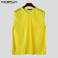 Solid color breathable summer mesh vest men's INCERUN transparent V-neck sleeveless vest beachwear. 