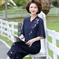 Mom Summer Clothes Suit Chiffon Small Shirt Middle-Aged and Elderly Women's Short Sleeve T T-shirt Western Style Top Wide Leg Pants Two-Piece Thin. 
