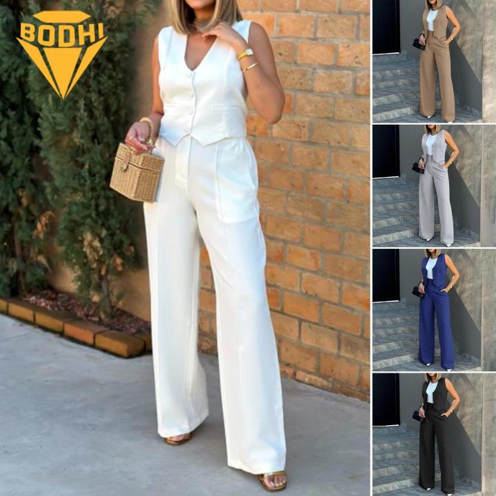 Women Pants Chic Wide Leg Pants Sleeveless Vest Set for Stylish Women High Waist Elegant Casual Streetwear Available on Women Vest