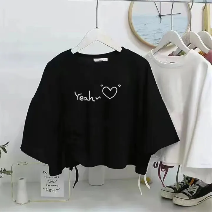 Black%20Niche%20Design%20Irregular%20Drawstring%20Short%20SleeveTT-shirt%20Women's%20Summer%20New%20Korean%20Style%20Loose%20Crop%20Top%20Fashion%20-%20Image%207