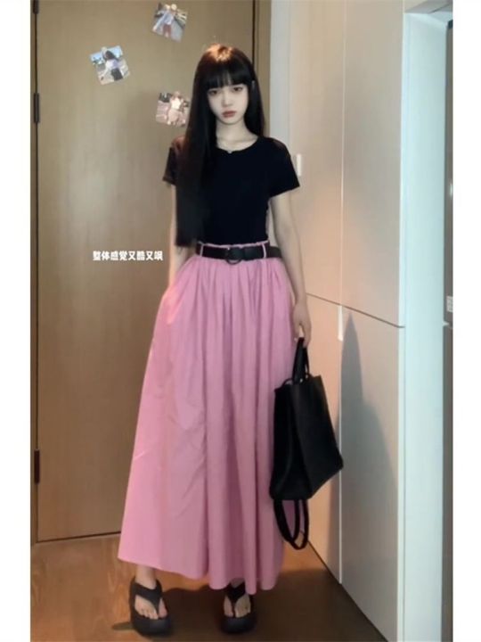 Tea Series Wear a Set of Short Sleeves T T-shirt Top Suit Women's Summer Dress Temperament High Waist Skirt Mid-Length Skirt