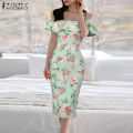 【ThinkWay】Korean Style Women Off Shoulder Floral Print Ruffle Long Dress Evening Holiday Casual Midi Dresses Plus KRS  #24-4. 