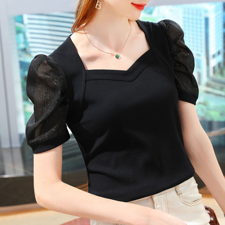 bellylady%20Women%20Cotton%20Blouse%20Ice%20Silk%20V%20Neck%20Plus%20Size%20Shirt%20Loose%20Fashion%20Casual%20Puff%20Short%20Sleeve%20Pullover%20Tops%20-%20Image%203