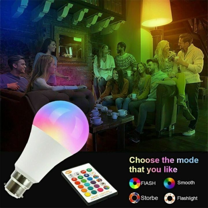 thumbnail image 2 of 2x B22 RGB LED Bulb 10W – 16-Color Changing Bayonet Lamp With Remote – 2022 Model 2 of 4