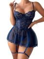 Yfashion 2 Piece Women Lingerie Lace Babydoll Lingerie Sets With Garter Belts V Neck Chemise Nightdress With Thong. 