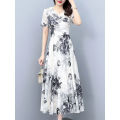 Yfashion Women Cotton Dress Summer V Neck Short Sleeve Waist Fit Pleated Loose Dress Floral Print Casual Long Dresses. 