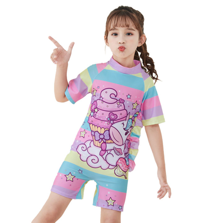 Yfashion 2pcs Girls Unicorn Swimsuit Cartoon Printing One Piece Short Sleeve Swimsuit Swimming Cap color