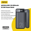 Aspor A396 20000mAh Power Bank With PD Charging, Capacity 20000 mAh / 22.5W, LCD digital display, IQ output. 