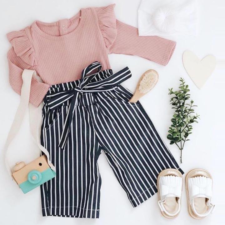 【BestGO】Newborn Kids Baby Girls Outfits Clothes Romper Bodysuit+Stripe Long Pants Set