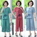 Mom Summer Clothes Cotton and Linen Suit Western Style Youthful-Looking 50-60 Middle-Aged and Elderly Women Loose Short Sleeve T T-shirt Top Two-Piece Set. 