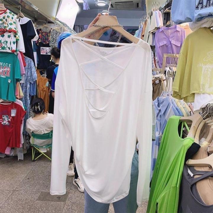Beach%20Blouse%20Loose%20Cross%20Back%20Long%20Sleeve%20Thin%20Sneaky%20Design%20Backless%20Sun%20Protection%20T%20T-shirt%20Women's%20Summer%20Pullover%20Air%20Conditioner%20-%20Image%202