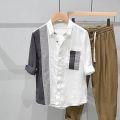 Patchwork Assorted Colors Pocket Linen Three-Quarter Sleeve Shirt Men's Special-Interest Design Summer Thin Ruan Shuai Youth Korean Shirt. 