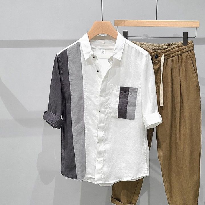 Patchwork%20Assorted%20Colors%20Pocket%20Linen%20Three-Quarter%20Sleeve%20Shirt%20Men's%20Special-Interest%20Design%20Summer%20Thin%20Ruan%20Shuai%20Youth%20Korean%20Shirt%20-%20Image%202