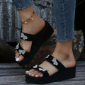 2023 Oversized Shoes New Summer Slope Heel Thick Sole Slippers One Line Rhinestone Women's Sandals Women's Shoes. 
