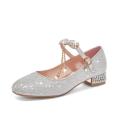 Princess Shoes for Girls Spring and Autumn Children's High Heel Shoes Stage Show Piano Silver Dress Flower Girl Crystal Leather Shoes. 