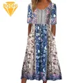 Printed Bohemian Dress Bohemian Style Summer Midi Dress with Side Pockets for Women Ethnic Print A-line Loose Hem Soft Daily Wear Lightweight Dress. 