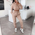 European and American women's sportswear two-piece casual sports set with exposed navel top and pants hooded shirt street set. 