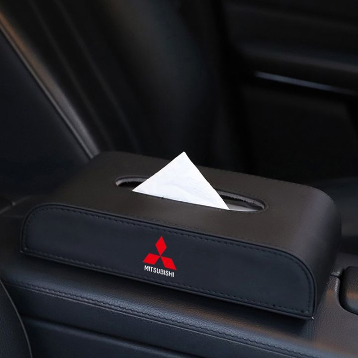 Black High quality Leather Car Tissue Box Holder For Mitsubishi logo Triton Outlander Mirage ASX Lancer EVO PAJERO GRANDIS GALANT Xpander