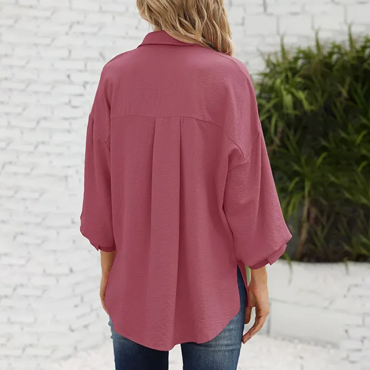 Women%20Casual%20Button%20Down%20Blouses%203/4%20Sleeve%20Lapel%20Irregular%20T-shirt%20v%20Neck%20Loose%20Solid%20Color%20Cardigan%20Tops%20-%20Image%202
