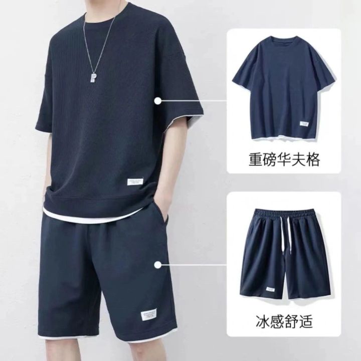 Waffle%20Summer%20Ice%20Silk%20Short%20Sleeve%20T%20T-shirt%20Suit%20Boys%20Breathable%20Knee%20Length%20Pants%20Casual%20Sports%20Trendy%20Simple%20-%20Image%206