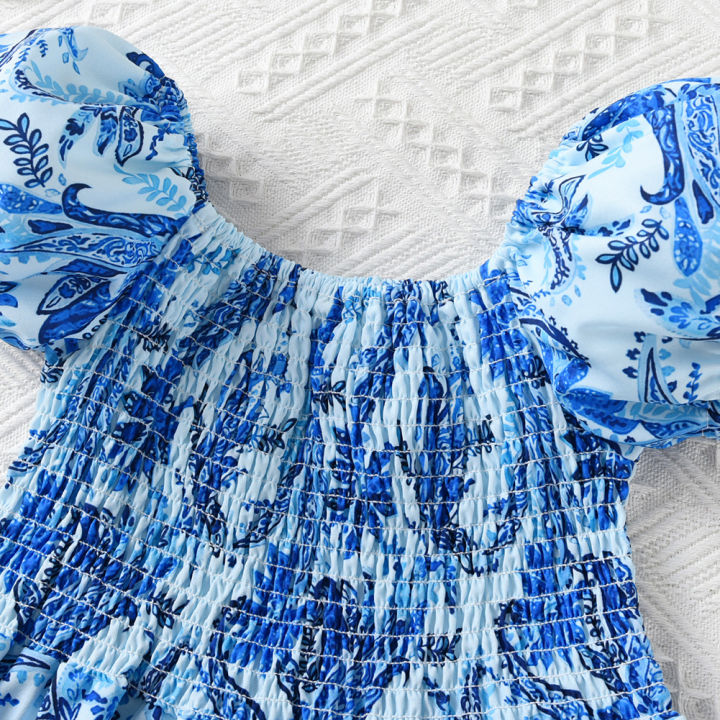 Yfashion%20Summer%20Short%20Sleeves%20Dress%20For%20Girls%20Cotton%20Elegant%20Printing%20Fashion%20Ruffled%20A-line%20Skirt%20Casual%20Breathable%20Dress%20-%20Image%202