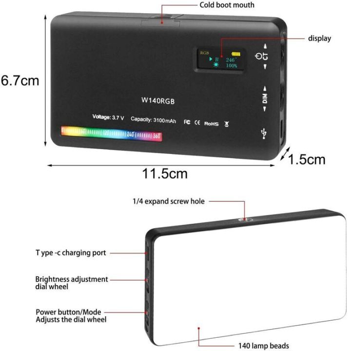 W140 LED RGB Video Light 0-360° Full Color 2500 to 9000K 8W 3100mAh Photography Camera Light