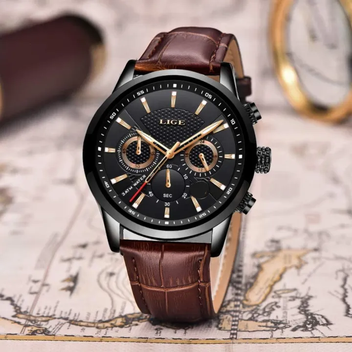 FREE SHIPPING & WARRANTY - Luxury Leather Band Quartz Analog Wrist Watch Lige Watches For Men Gents Boys - Black Brown 136263588 Styles_LK Online
