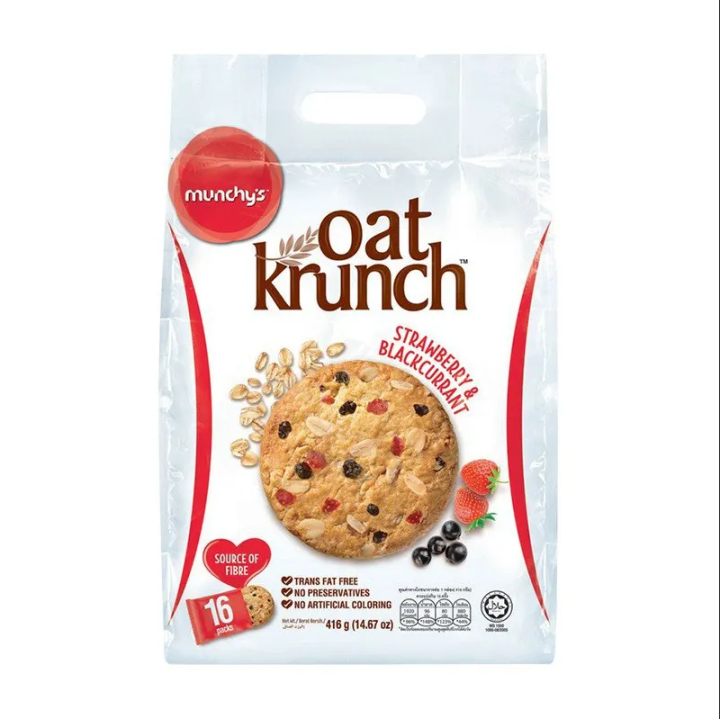 Oat Krunch Strawberry & Blackcurrent Healthy Crunchy Snacks Diet Fibre Rich Cookies Biscuits 16 Packs 416g