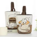 【ALLGOOD】Cartoon Printed Coffee Cat Bucket Bag Large Capacity Portable Lunch Pouch Fashion Canvas Handbag. 
