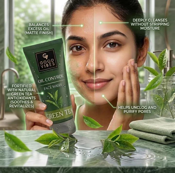 Good Vibes Green Tea Oil Control Face Wash – Serum-Powered Beauty for ...